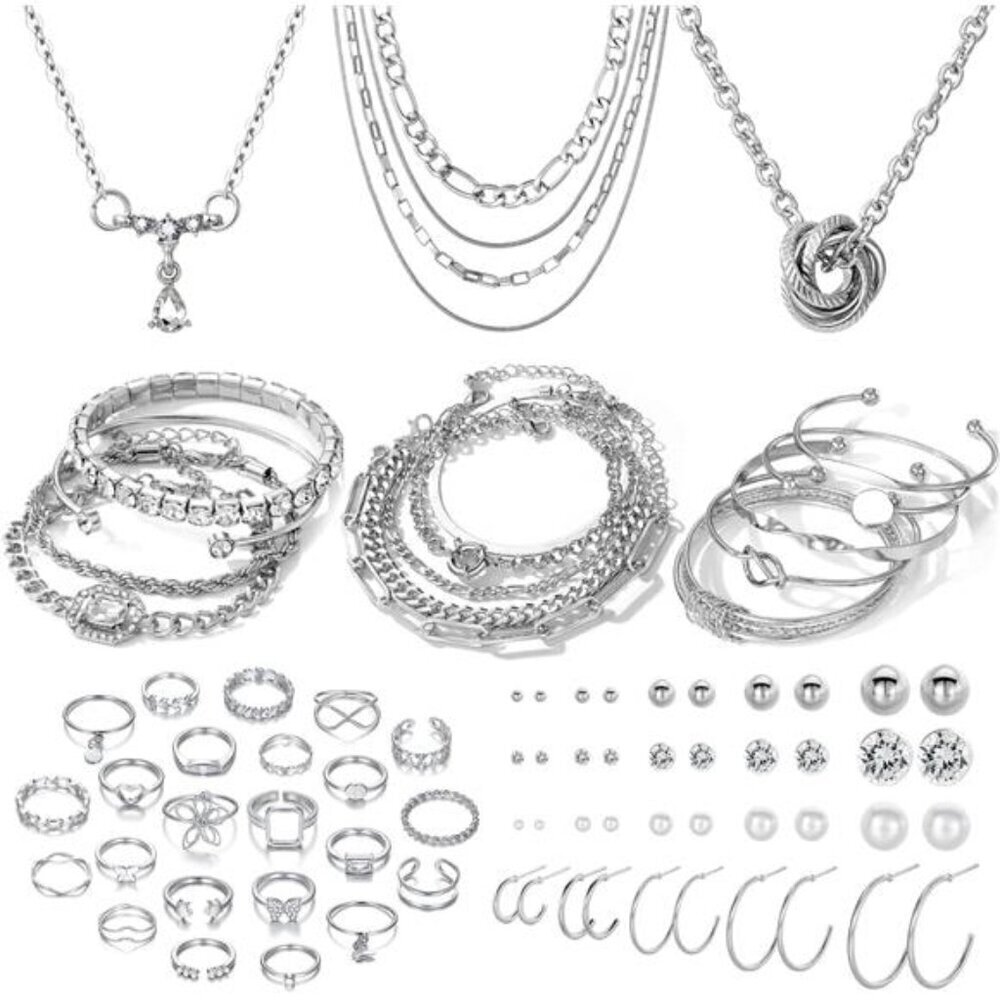 Silver Jewelry Set – Layered Necklaces, Bracelets, Stackable Rings & Earrings